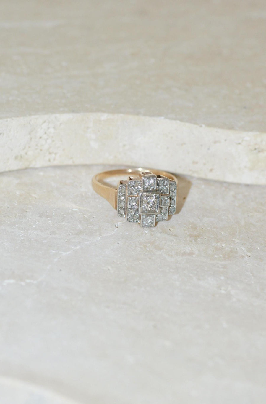 Art Deco Tank Escalier Diamonds rose gold and platinum ring