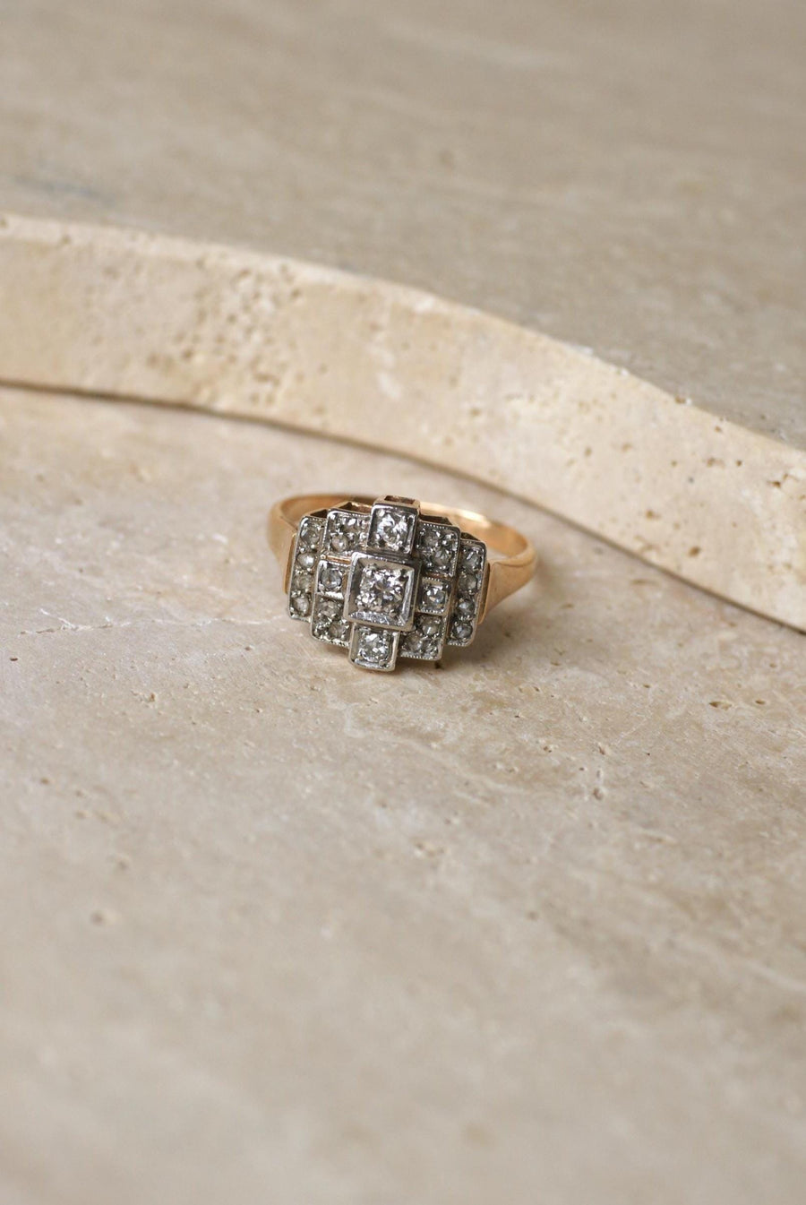 Art Deco Tank Escalier Diamonds rose gold and platinum ring