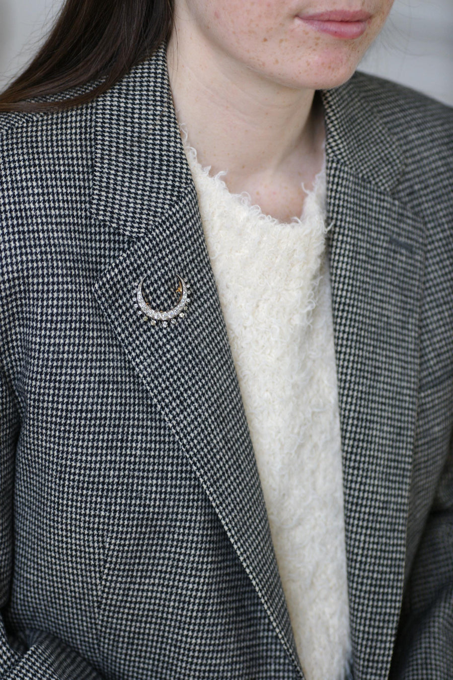Antique Brooch Crescent Moon Diamonds on Rose Gold and Silver