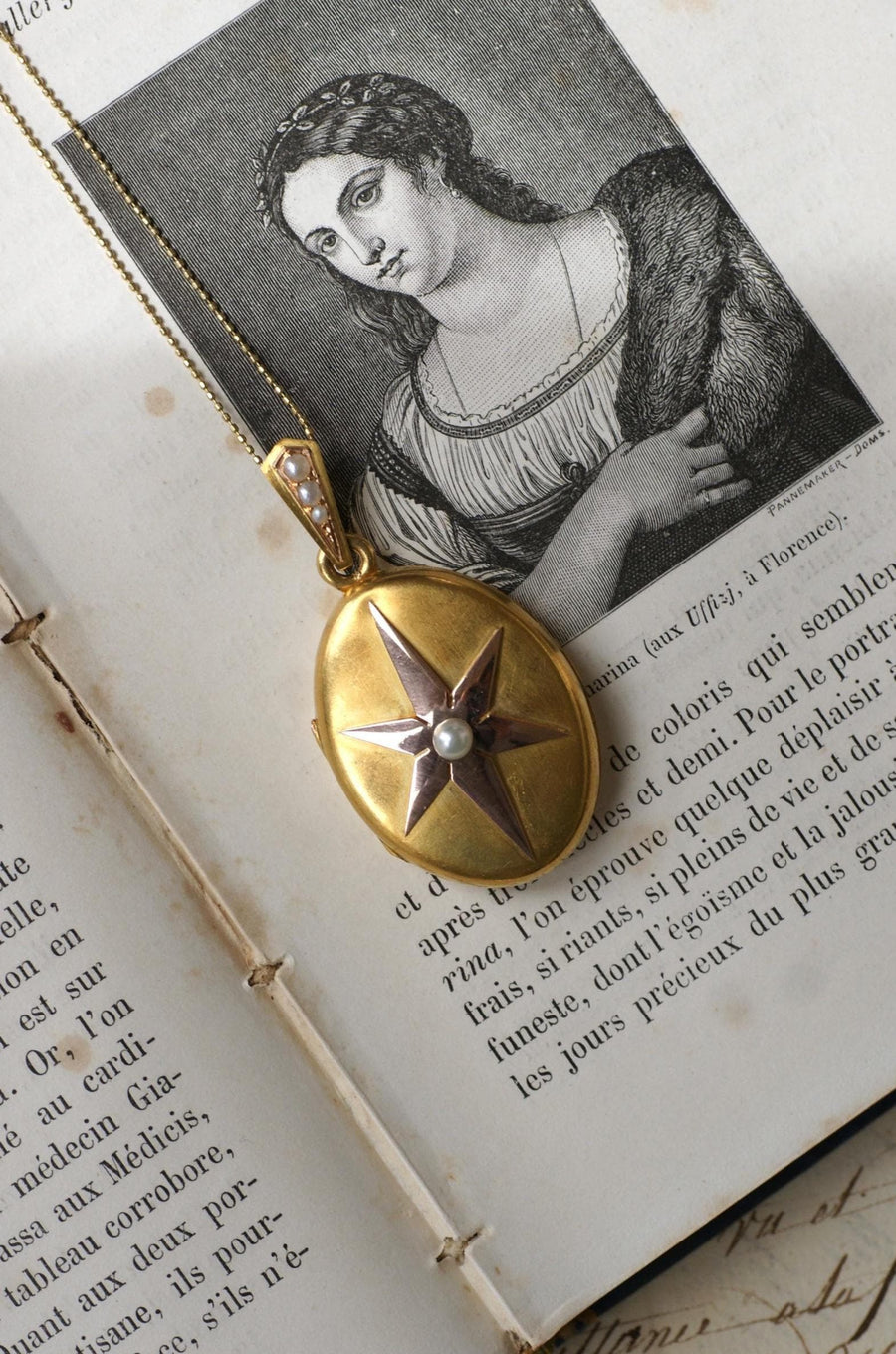 Antique Etoile Medallion Pendant Fine Pearls on Rose and Yellow Gold