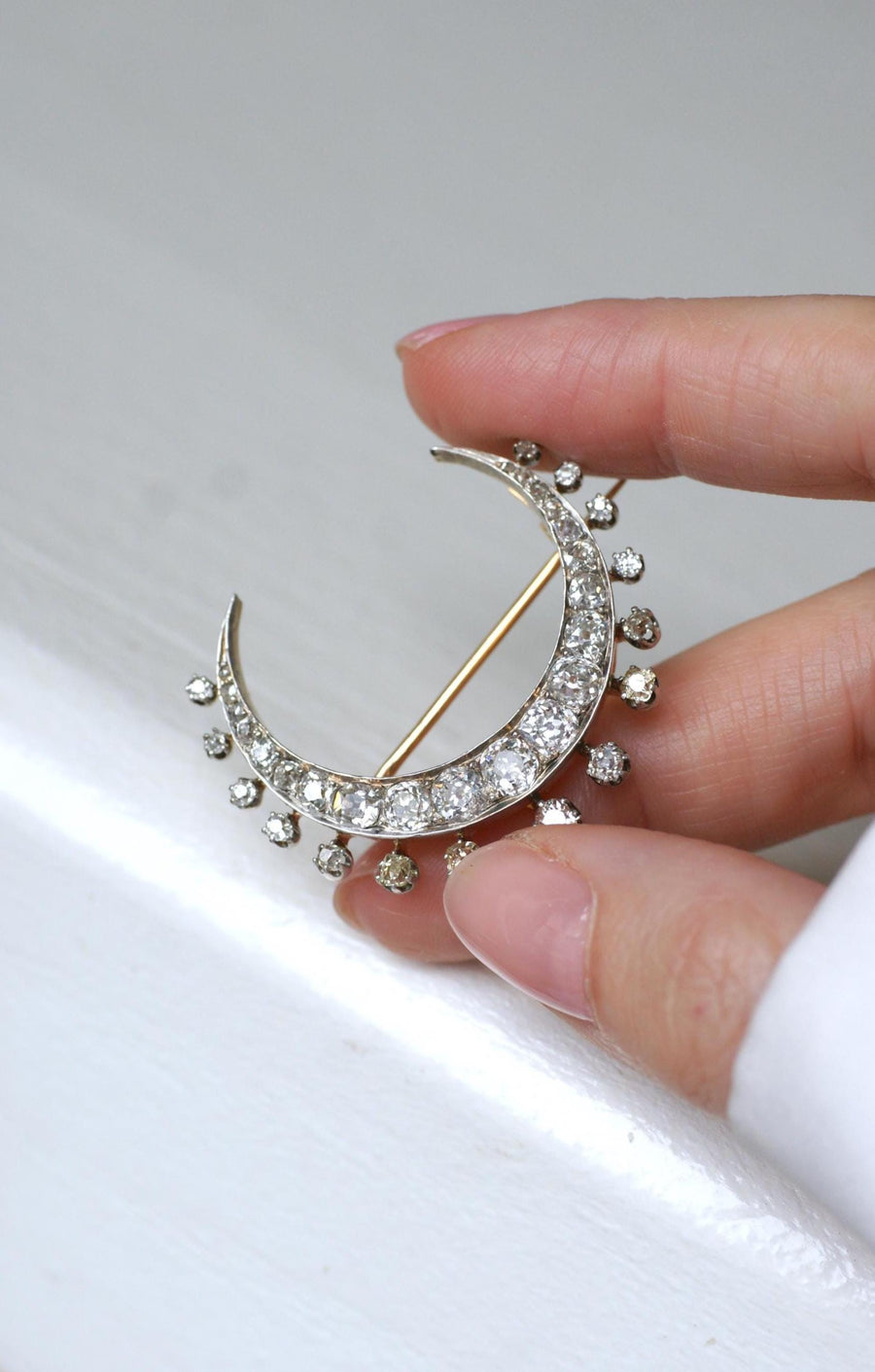 Antique Brooch Crescent Moon Diamonds on Rose Gold and Silver