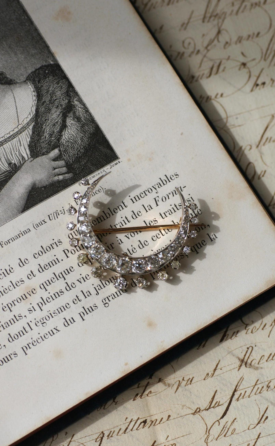 Antique Brooch Crescent Moon Diamonds on Rose Gold and Silver