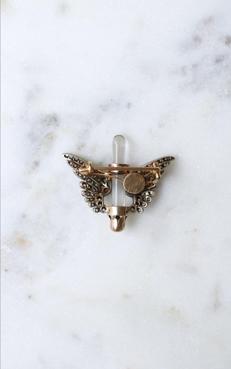 Antique Brooch Rock Crystal Wings and Diamonds on Rose Gold and Silver