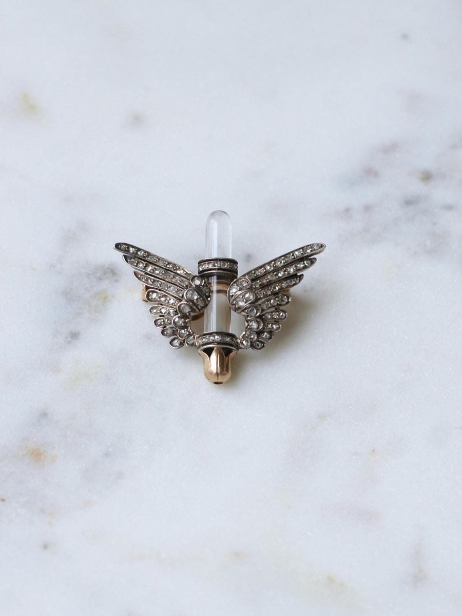 Antique Brooch Rock Crystal Wings and Diamonds on Rose Gold and Silver