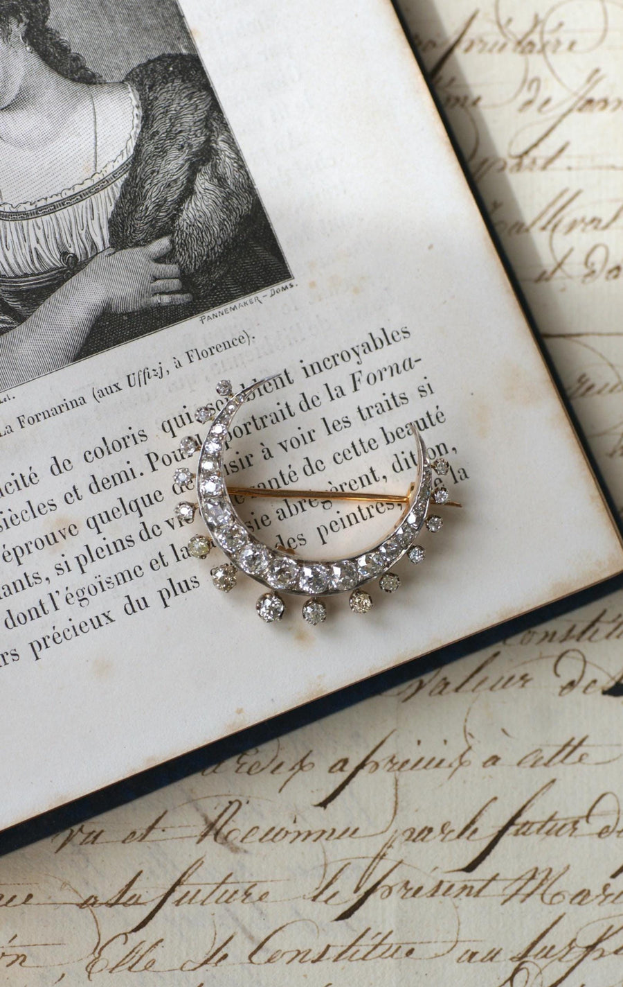 Antique Brooch Crescent Moon Diamonds on Rose Gold and Silver