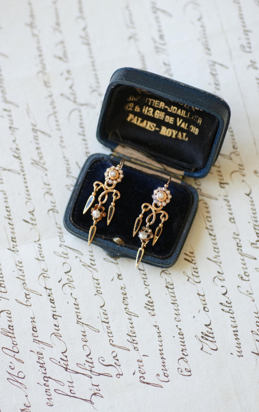 Antique Earrings Pendant Enamel and Pearls on Yellow Gold