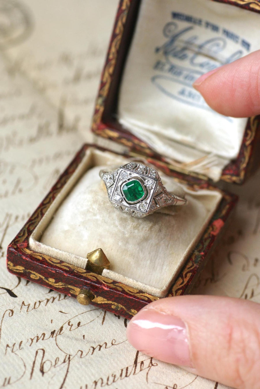 Art Deco Emerald and Diamonds on Platinum Ring