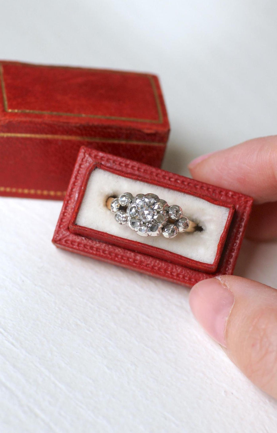 Antique Marguerite Garter Ring Diamonds on Pink Gold and Silver