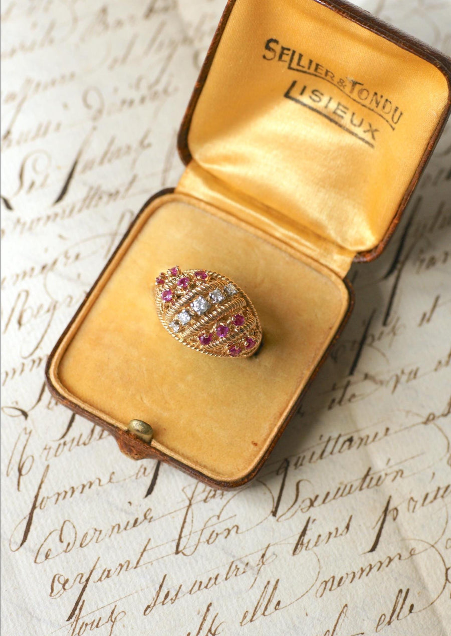 Twisted Ball Ring Diamonds and Rubies on Yellow Gold and Platinum