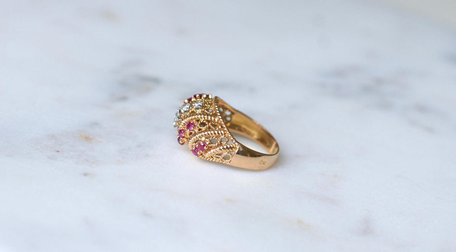 Twisted Ball Ring Diamonds and Rubies on Yellow Gold and Platinum