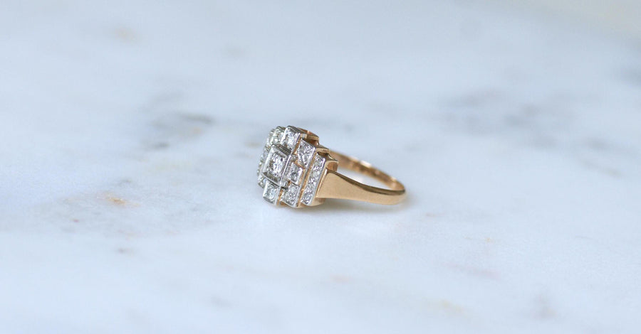 Art Deco Tank Escalier Diamonds rose gold and platinum ring