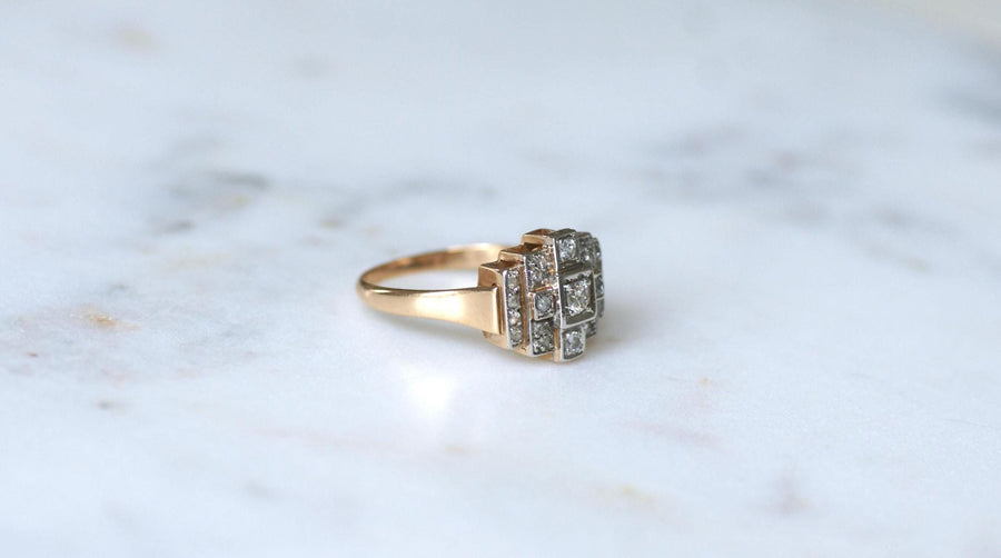 Art Deco Tank Escalier Diamonds rose gold and platinum ring