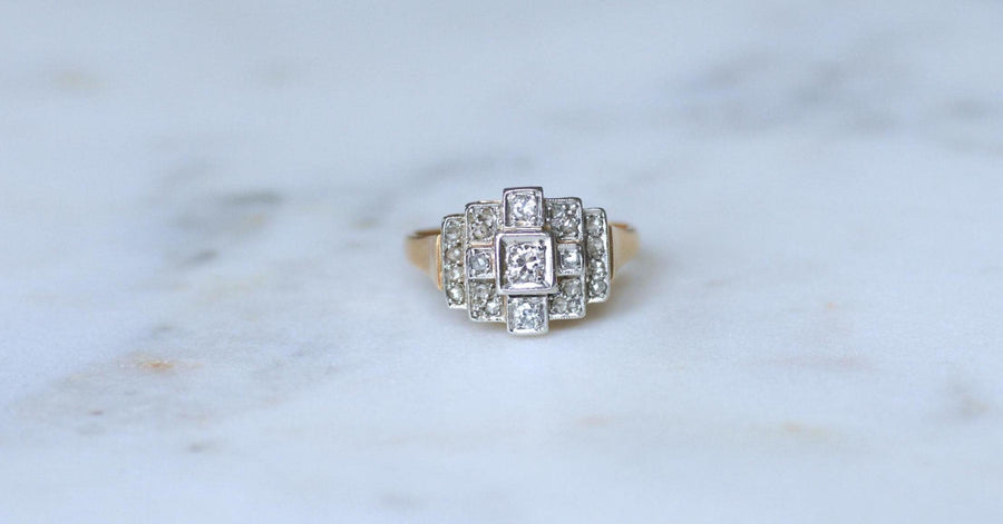 Art Deco Tank Escalier Diamonds rose gold and platinum ring