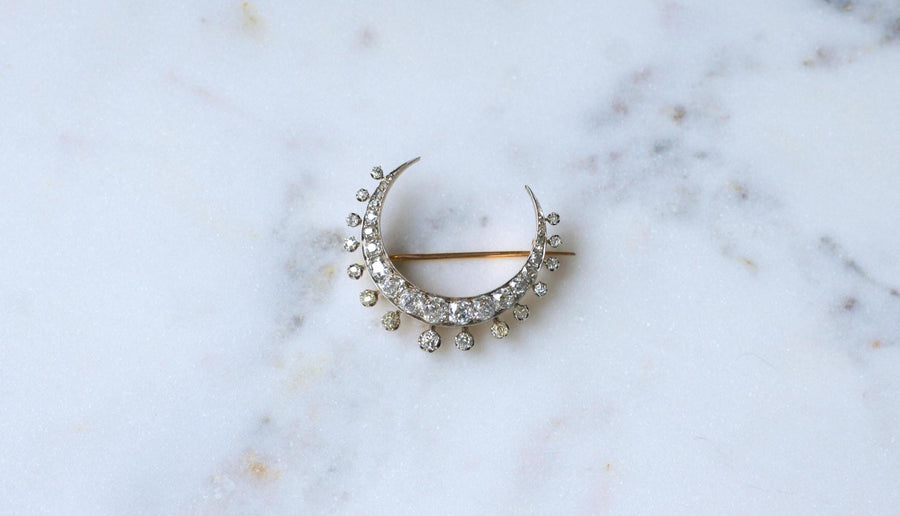 Antique Brooch Crescent Moon Diamonds on Rose Gold and Silver