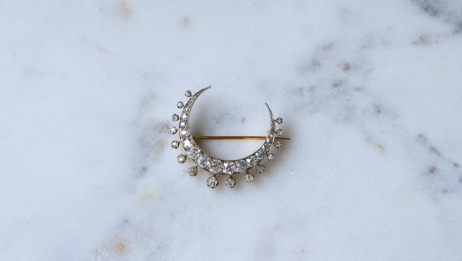 Antique Brooch Crescent Moon Diamonds on Rose Gold and Silver