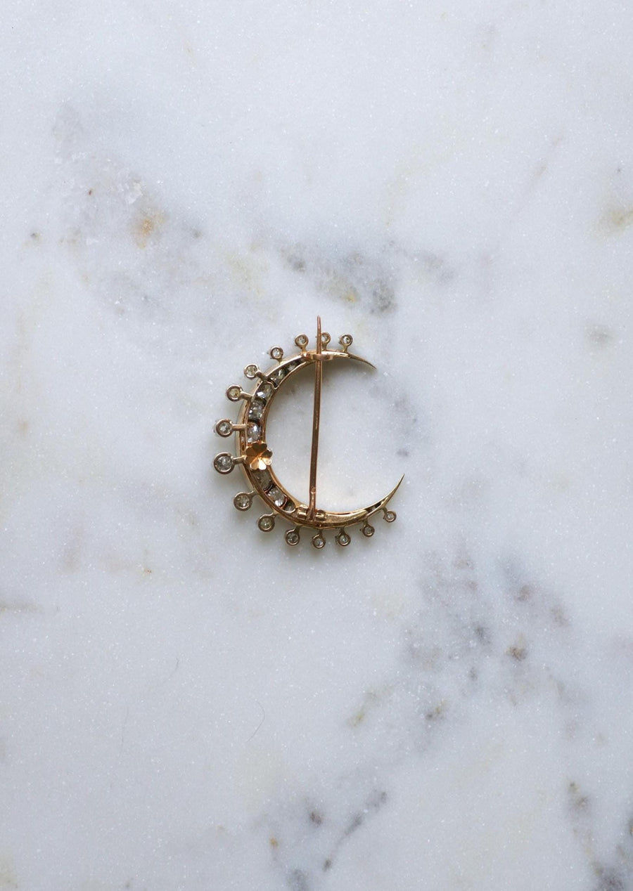 Antique Brooch Crescent Moon Diamonds on Rose Gold and Silver
