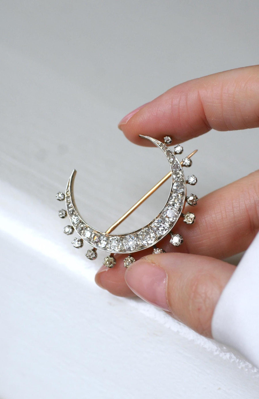 Antique Brooch Crescent Moon Diamonds on Rose Gold and Silver