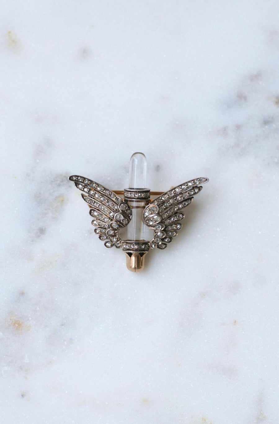Antique Brooch Rock Crystal Wings and Diamonds on Rose Gold and Silver