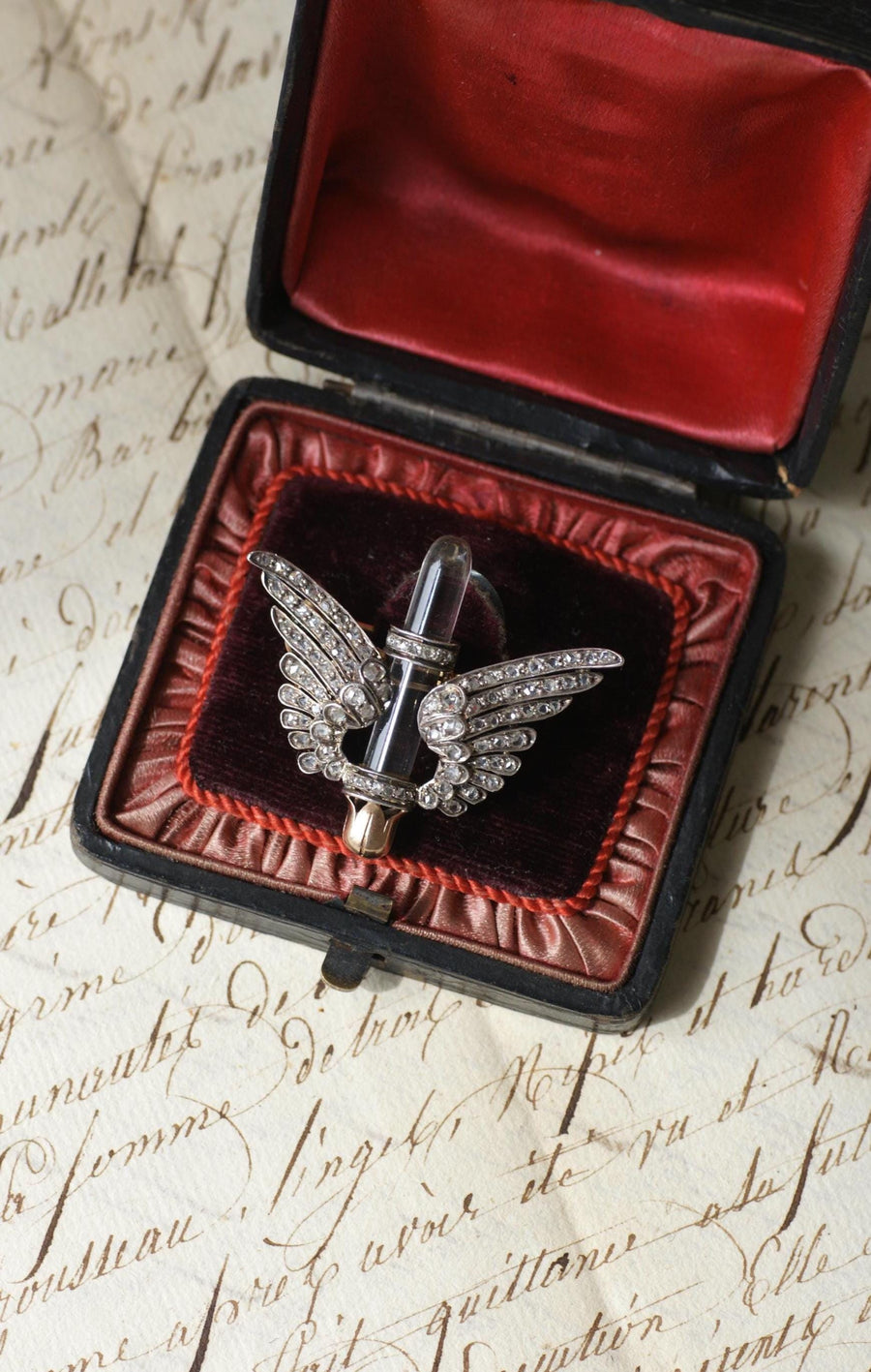 Antique Brooch Rock Crystal Wings and Diamonds on Rose Gold and Silver