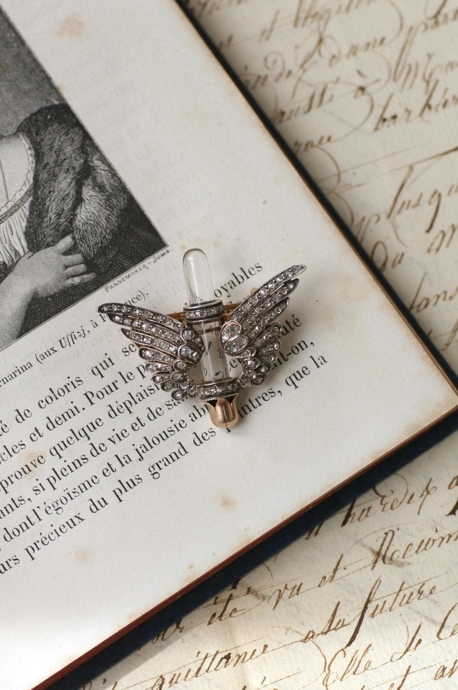 Antique Brooch Rock Crystal Wings and Diamonds on Rose Gold and Silver