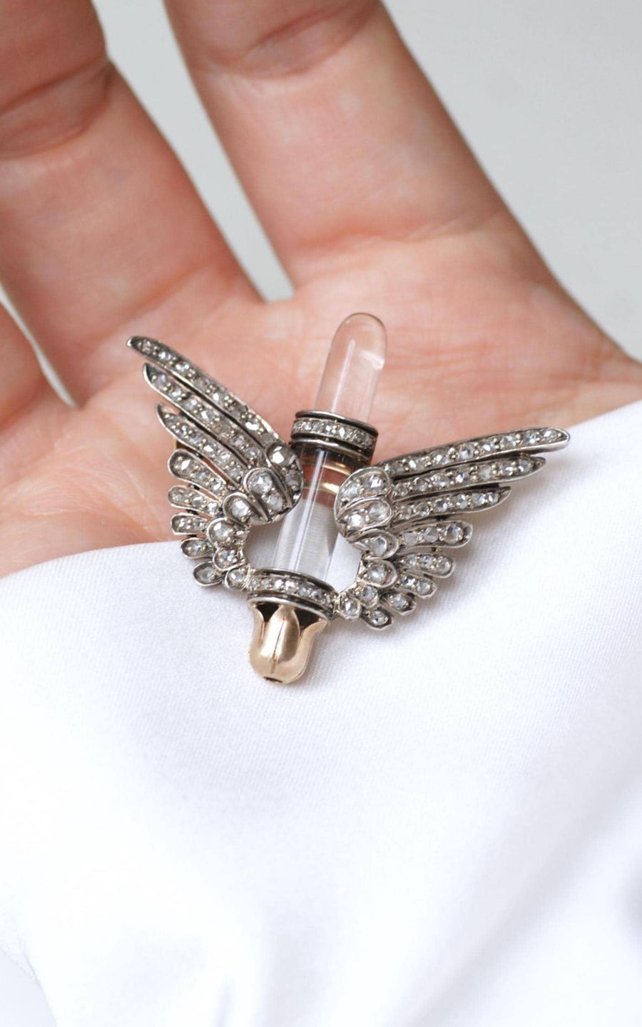 Antique Brooch Rock Crystal Wings and Diamonds on Rose Gold and Silver