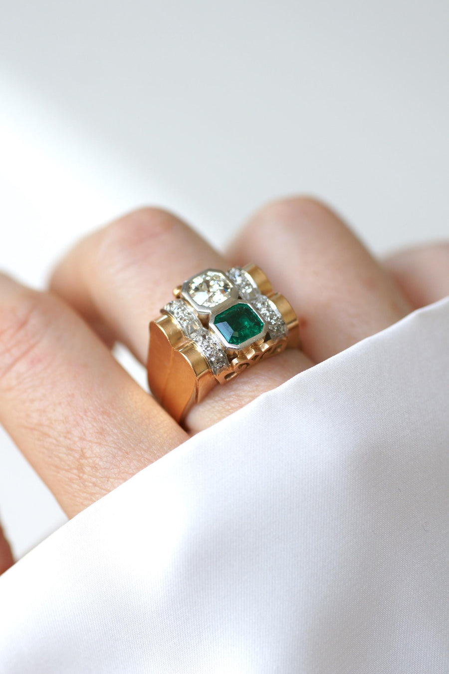 Colombian Emerald and Diamond Tank Ring on Rose Gold and Platinum