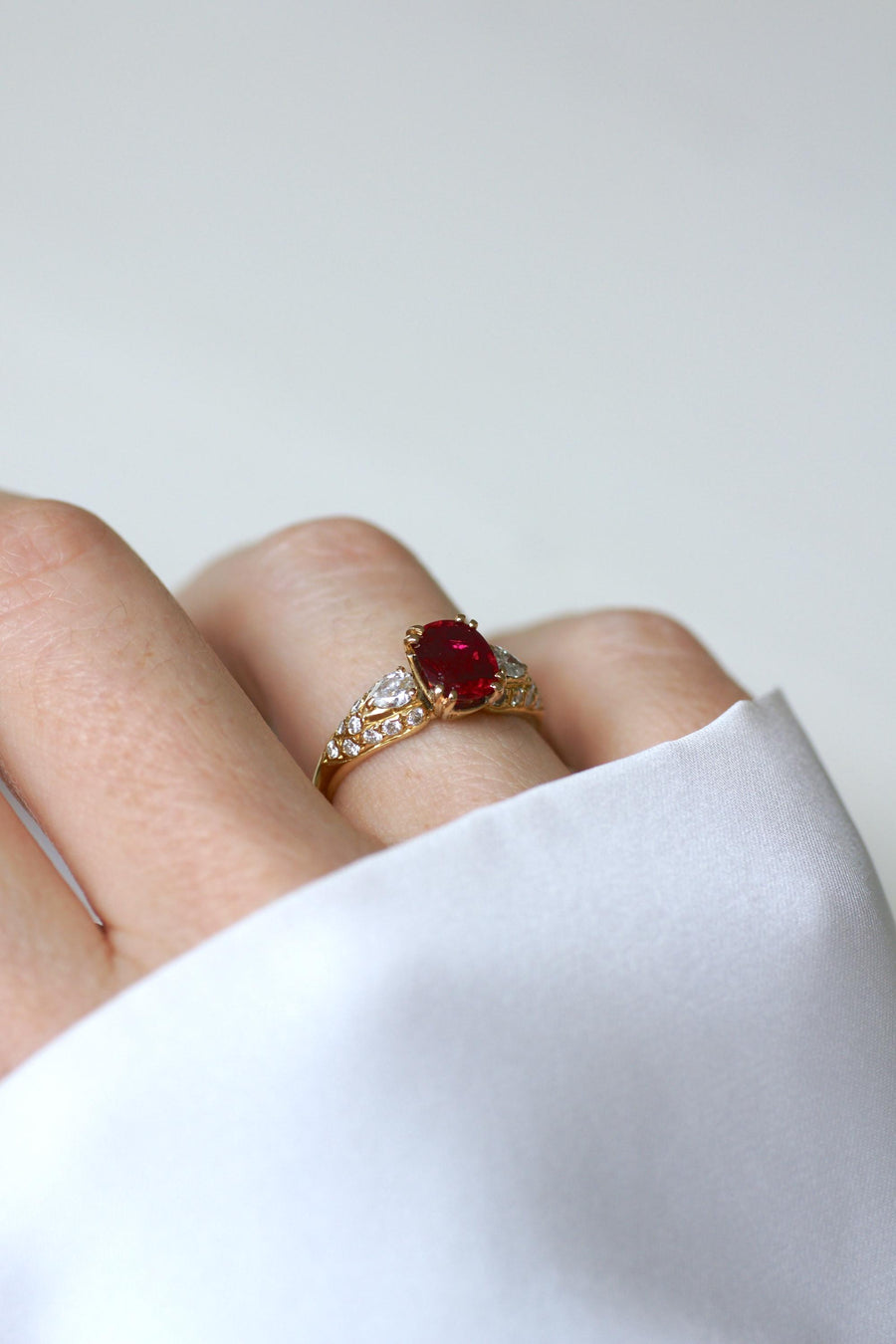1.60 Cts Ruby and Pear Diamond Ring on Yellow Gold