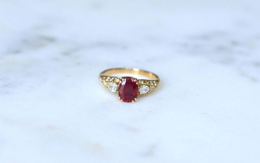 1.60 Cts Ruby and Pear Diamond Ring on Yellow Gold