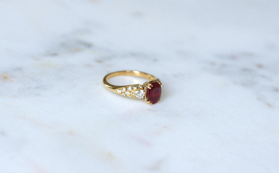 1.60 Cts Ruby and Pear Diamond Ring on Yellow Gold
