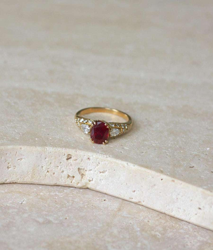 1.60 Cts Ruby and Pear Diamond Ring on Yellow Gold