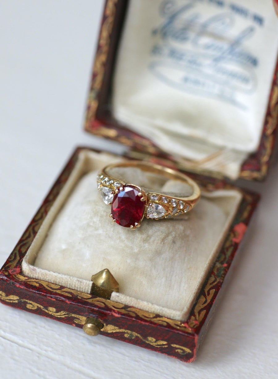 1.60 Cts Ruby and Pear Diamond Ring on Yellow Gold