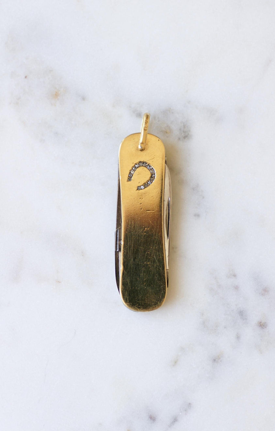 Antique Swiss Knife Horseshoe Diamond on Yellow Gold JA Henckels