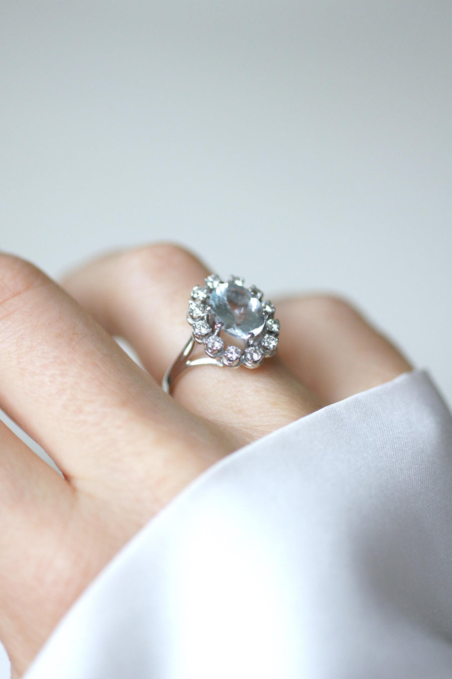 Aquamarine Ring Surrounded by Diamonds on White Gold