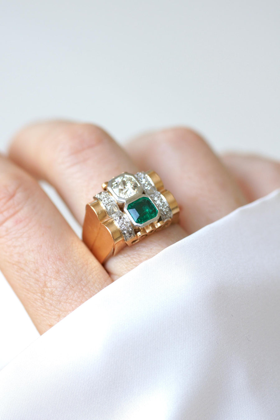 Colombian Emerald and Diamond Tank Ring on Rose Gold and Platinum