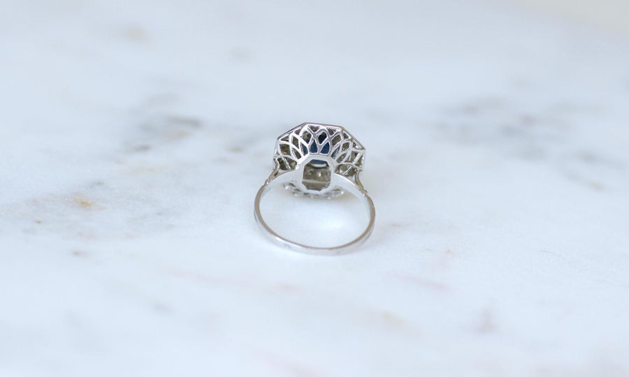 Octagonal Sapphire and Diamond Art Deco Ring in White Gold