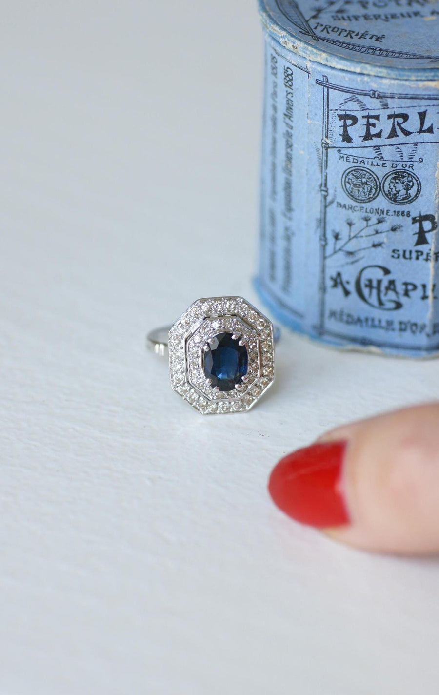 Octagonal Sapphire and Diamond Art Deco Ring in White Gold
