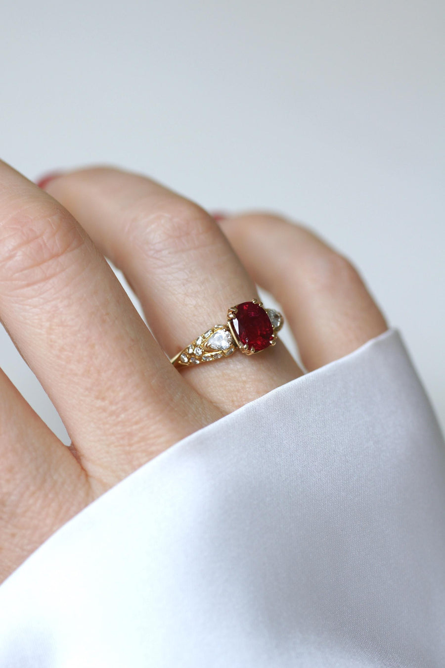 1.60 Cts Ruby and Pear Diamond Ring on Yellow Gold