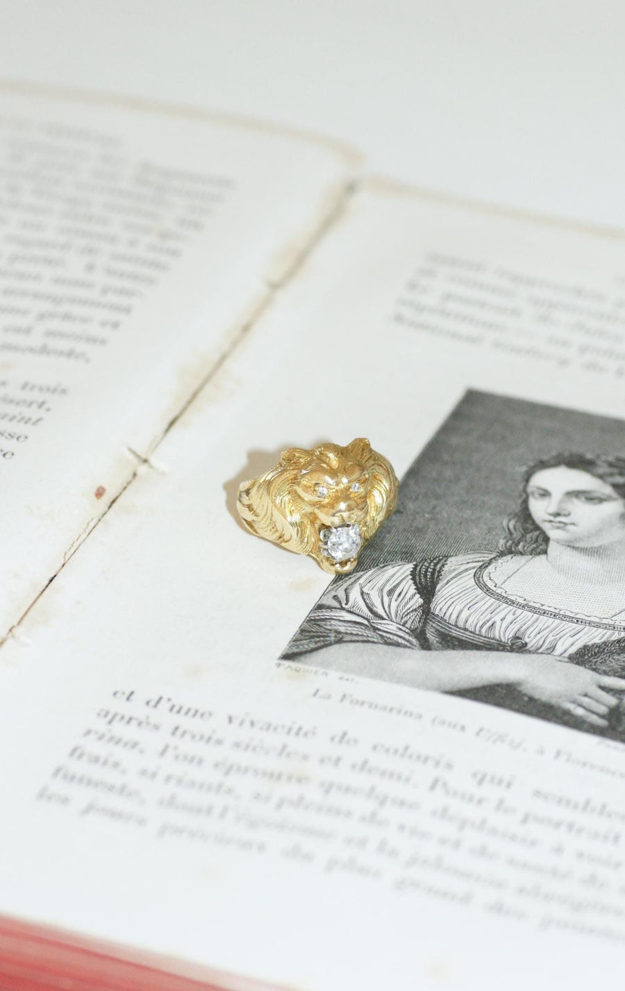 Antique Lion Ring Diamonds on Yellow Gold