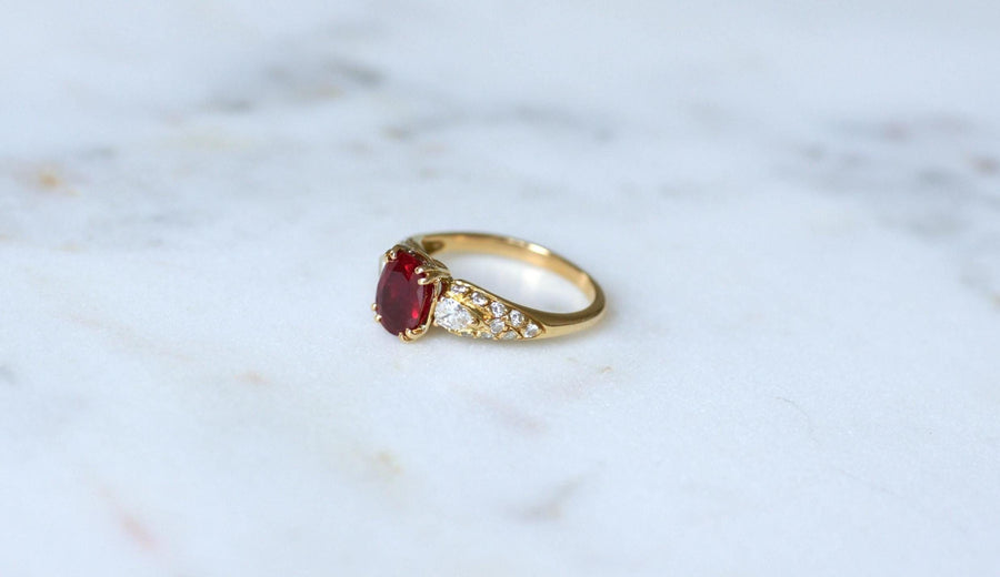 1.60 Cts Ruby and Pear Diamond Ring on Yellow Gold