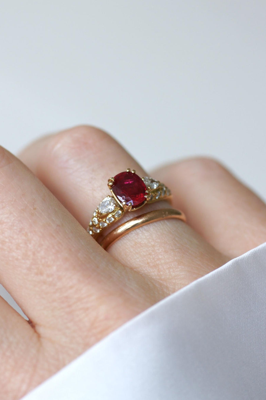 1.60 Cts Ruby and Pear Diamond Ring on Yellow Gold