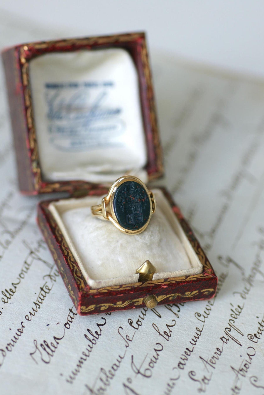 Antique Ring Blood Jasper Intaglio on Yellow Gold