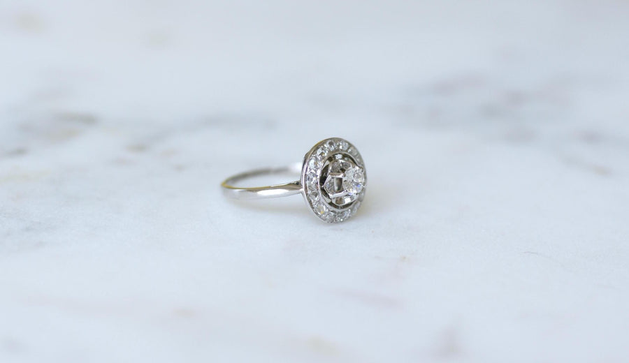 Art Deco Target Ring Diamonds on Platinum and White Gold