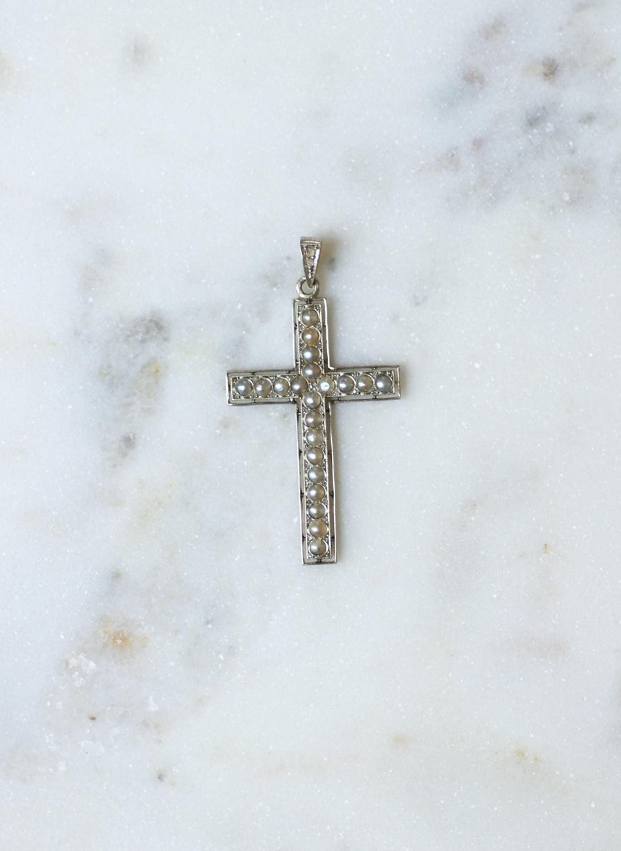 Art Deco Cross Pendant Pearls and Diamonds on Gold and Platinum