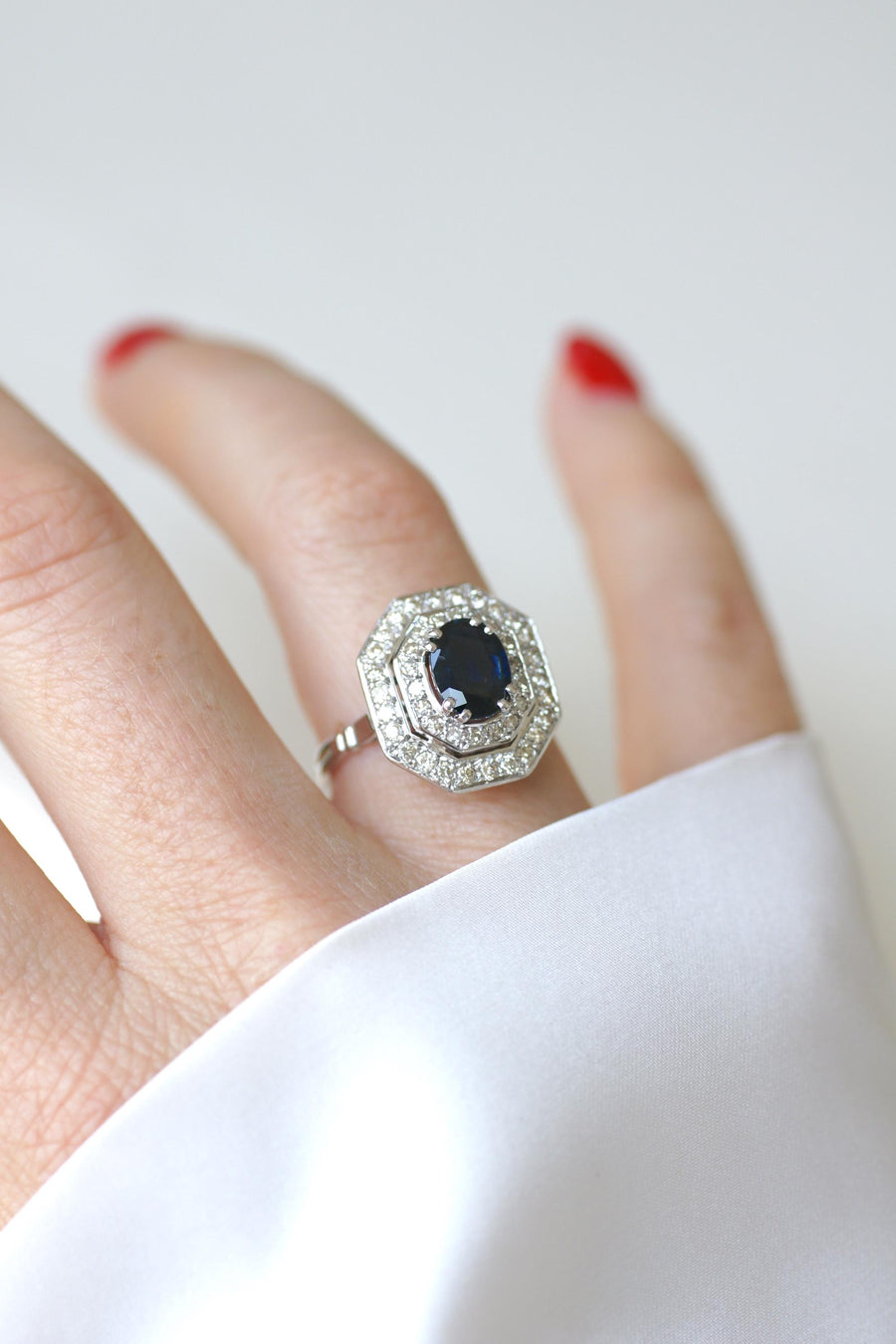 Octagonal Sapphire and Diamond Art Deco Ring in White Gold