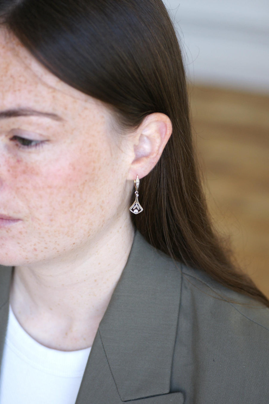 Art Deco Dormeuse Earrings Diamonds on Yellow Gold and Platinum