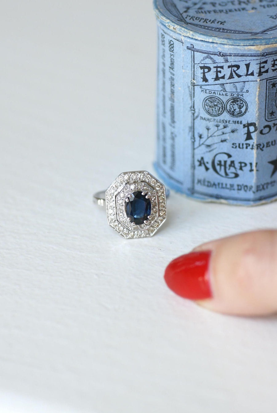 Octagonal Sapphire and Diamond Art Deco Ring in White Gold