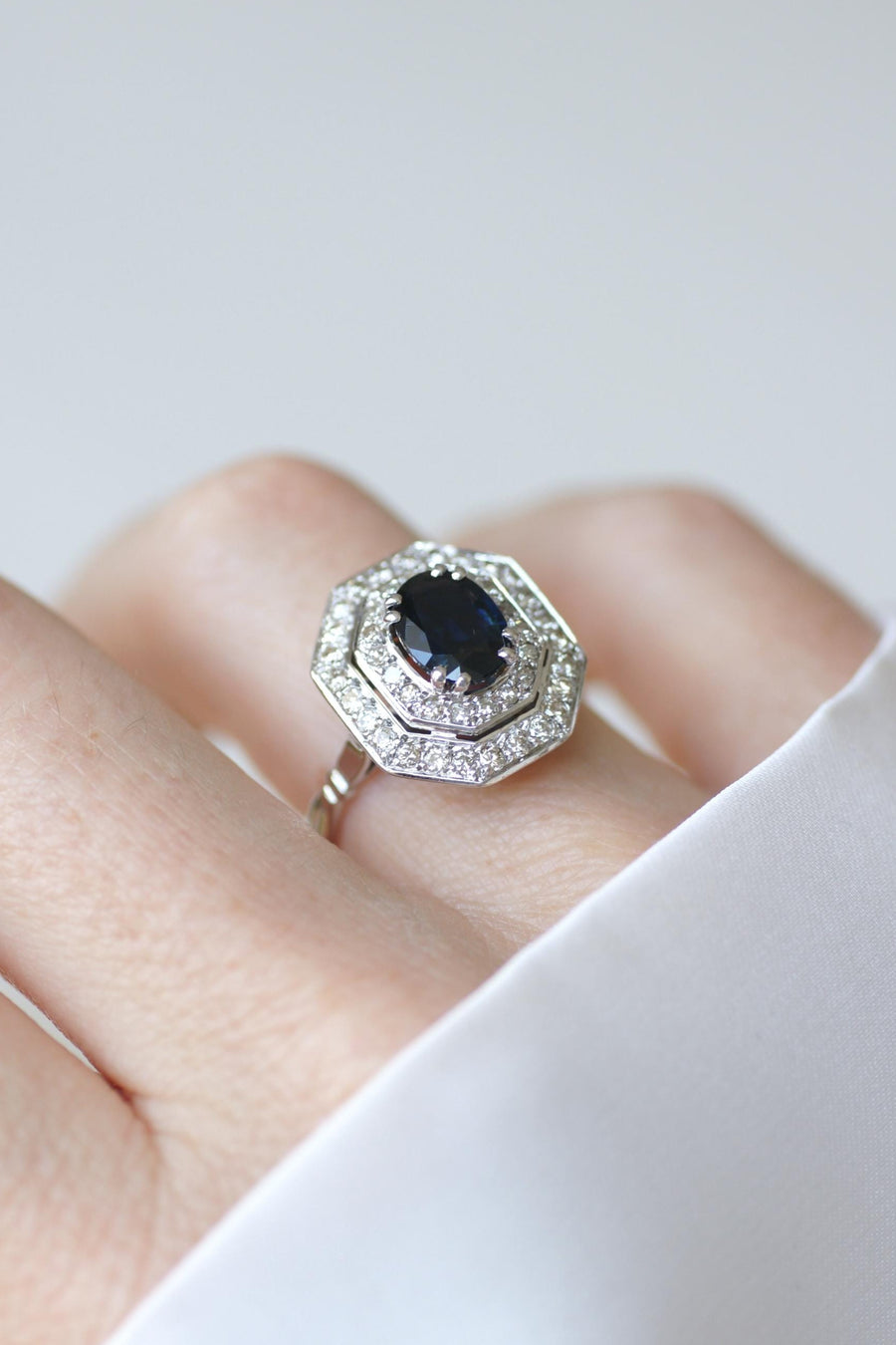 Octagonal Sapphire and Diamond Art Deco Ring in White Gold