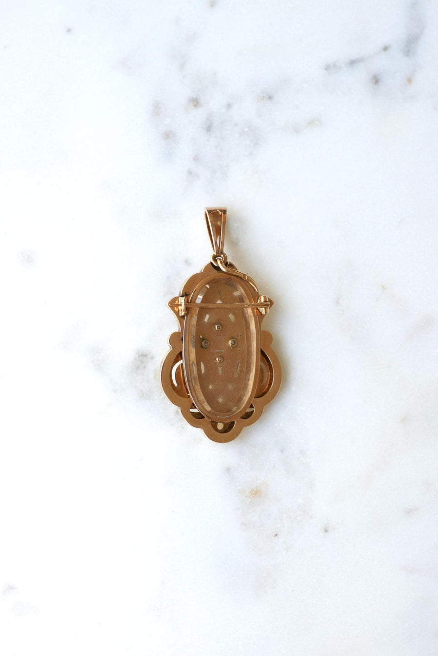 Pendant Medallion Brooch Antique Arabesques Fine Pearls and Diamonds on Rose Gold