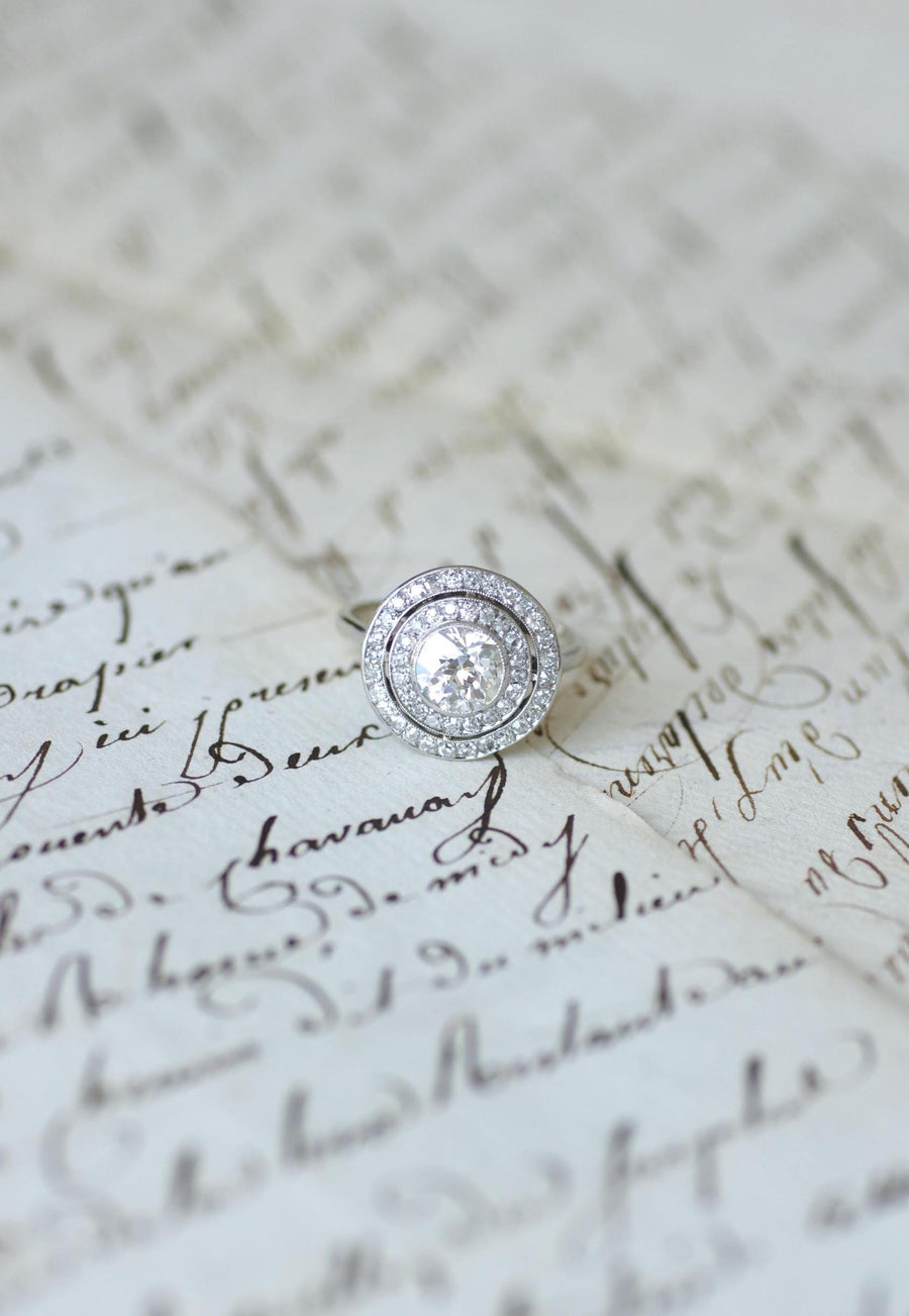 Art Deco Diamond Target Ring 1.97 Cts on Platinum and White Gold