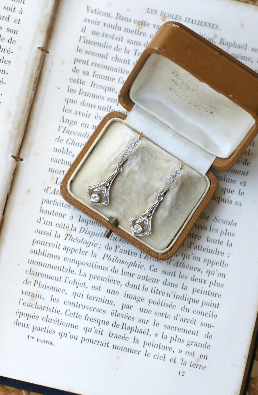 Art Deco Dormeuse Earrings Diamonds on Yellow Gold and Platinum